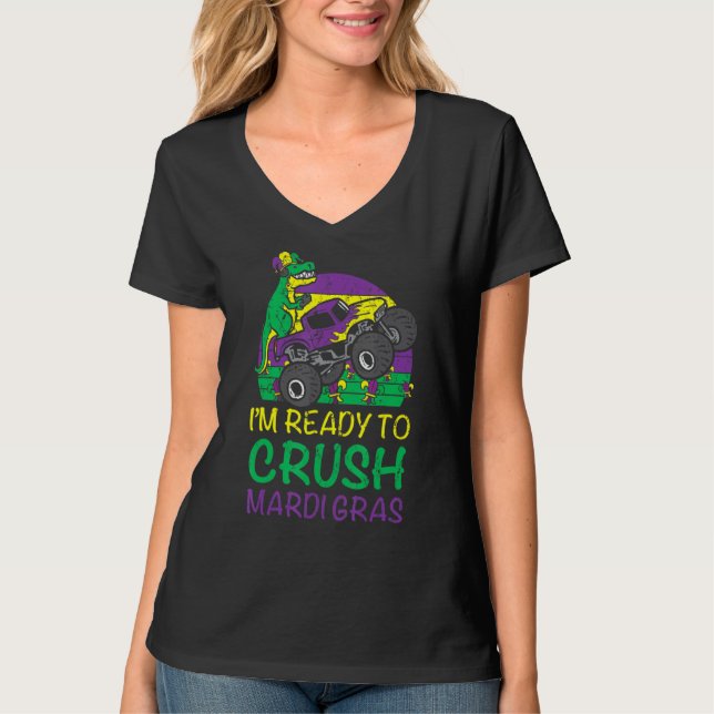 Camiseta Crianças Esmagam Mardi Gras Dino Monster Truck Fun (Frente)