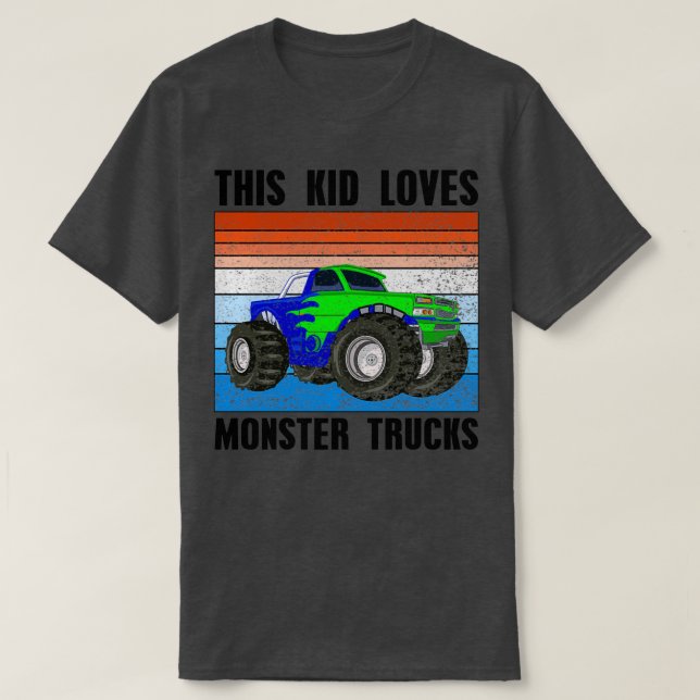 Camiseta Crianças Este Miúdo Adora Monstros Caminhões Vinta (Frente do Design)