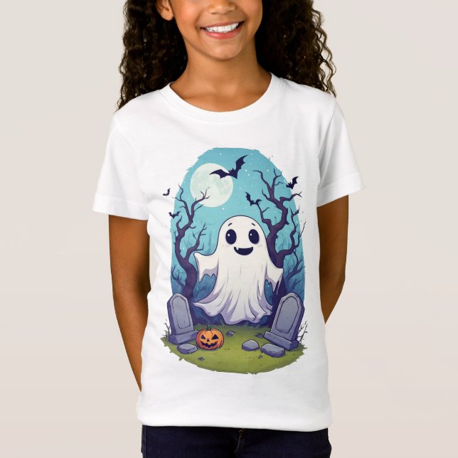 Camiseta Crianças Fantasma de Halloween Com Morcegos e Abób (Frente)