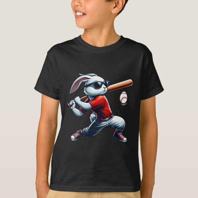 Camiseta Crianças Felz pascoa Coelhinho Jogando Baseball Le (Frente)