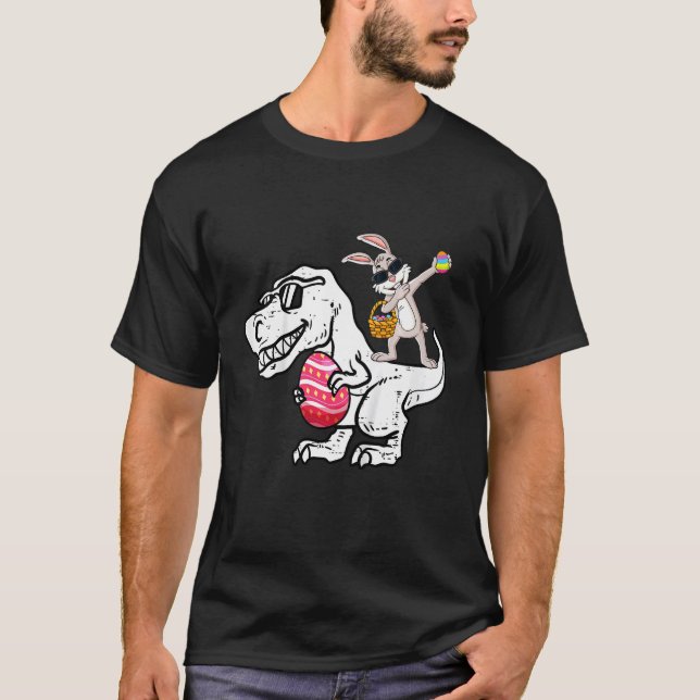 Camiseta Crianças Felz pascoa Rex Dino Dabbing Rabbit Pásco (Frente)