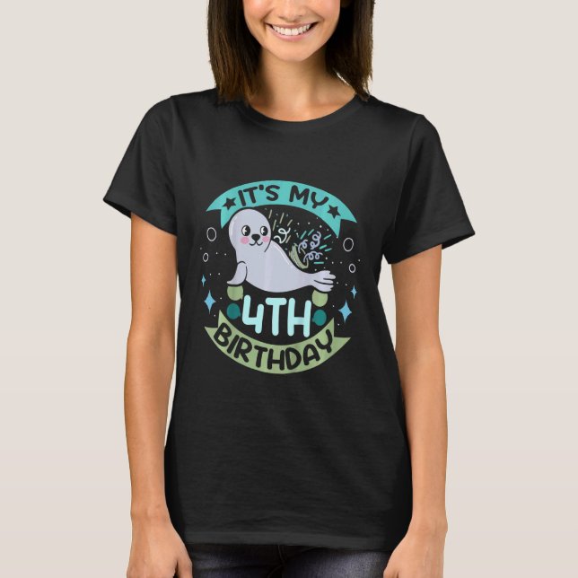Camiseta Crianças Foca de bebê de 4 anos é meu quarto anive (Frente)