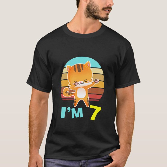 Camiseta Crianças Gato Garota de Aniversário 7 de Aniversár (Frente)