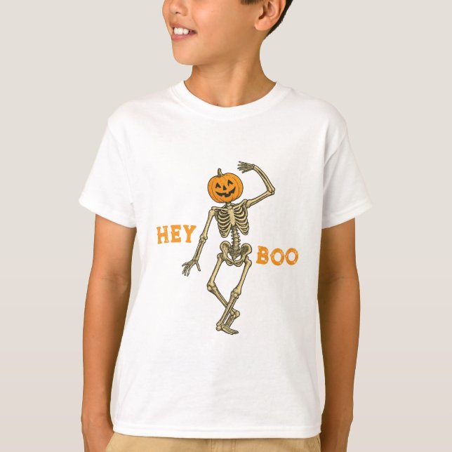 Camiseta Crianças Halloween Skeleton Pumpkin Cabeça "Ei Boo (Frente)