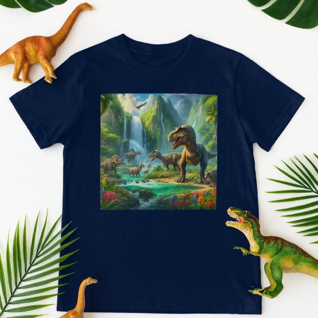 Camiseta Crianças IA Art Dinossauros Tropicais Verdes (Playful dinosaur tee mockup with toys and tropical leaves on a clean white background)