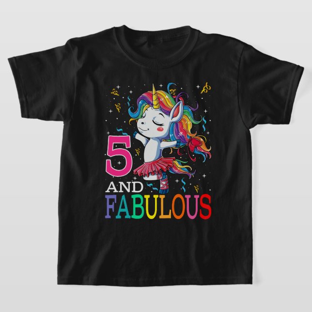 Camiseta Crianças Meninas 5 de Aniversário Unicórn Fabuloso (Postura )