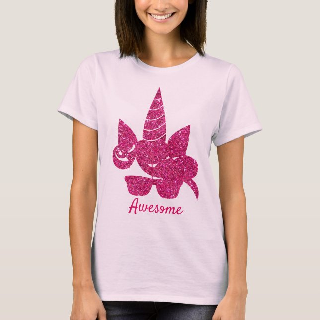 Camiseta Crianças Meninas Glitter Cinza de Unicórnio Rosa (Frente)