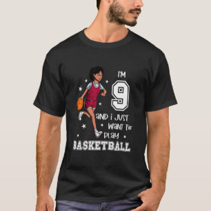 Camiseta Crianças Meninas jogam basquetebol Eu tenho 9 anos