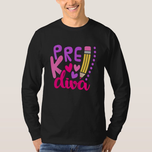 Camiseta Crianças Meninas Primeiro Dia De Pré K Diva (Frente)
