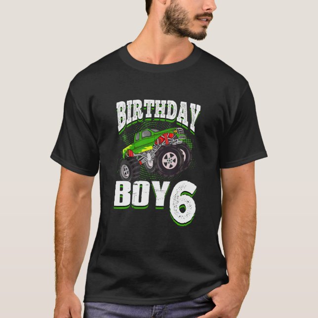 Camiseta Crianças Monster Truck Birthday Boy É 6 Crianças 6 (Frente)
