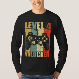 Camiseta Crianças Nível 4 Vídeo Desbloqueado 4º Aniversário