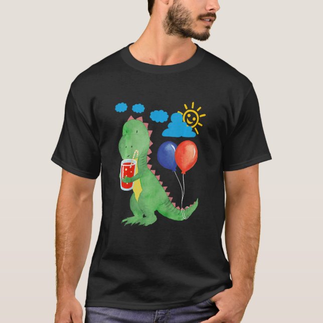 Camiseta Crianças Pequeno dinossauro fofo com bebida de ref (Frente)