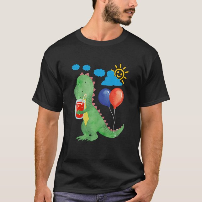 Camiseta Crianças Pequeno dinossauro fofo com bebida de ref (Frente)