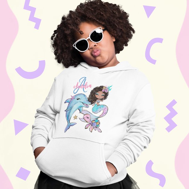 Camiseta Crianças Personalizadas de Cabelo Negro Nomes Meni (Black Hair Mermaid Custom Kids Name Pink Girls Hoodie
)