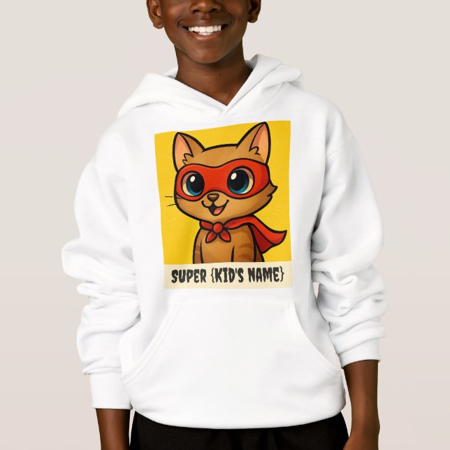 Camiseta Crianças Personalizadas Hoodie - Gato Super Herói  (Frente)