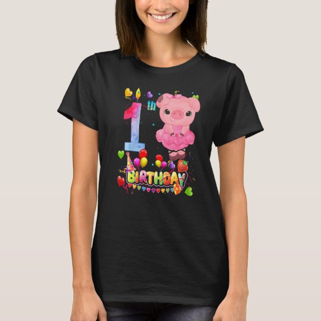 Camiseta Crianças Porcos De 1 Ano Menina De Aniversário De  (Frente)