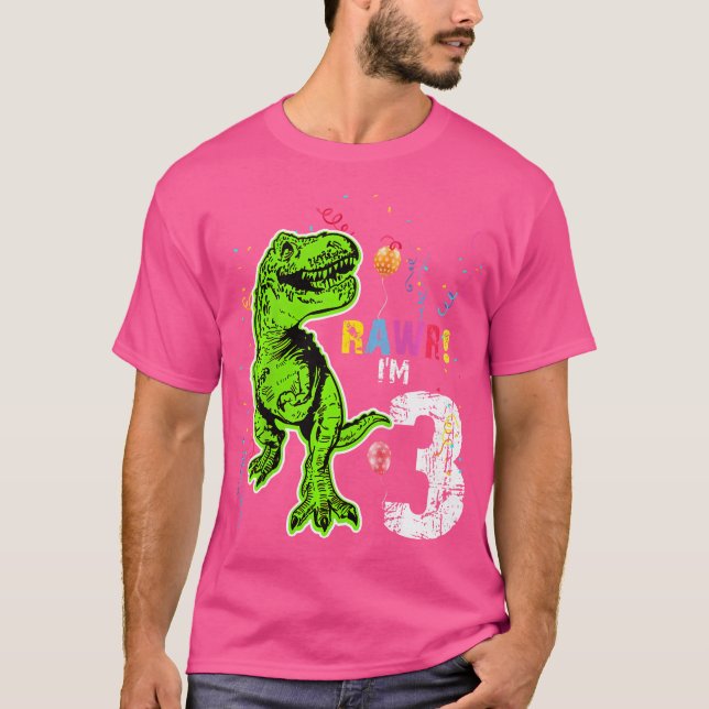 Camiseta Crianças Rawr Eu Sou 3 Dinossauro aniversário de 3 (Frente)