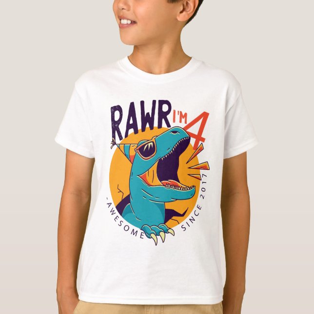 Camiseta Crianças Rawr Eu sou o 4. º Aniversário T Rex Dino (Frente)