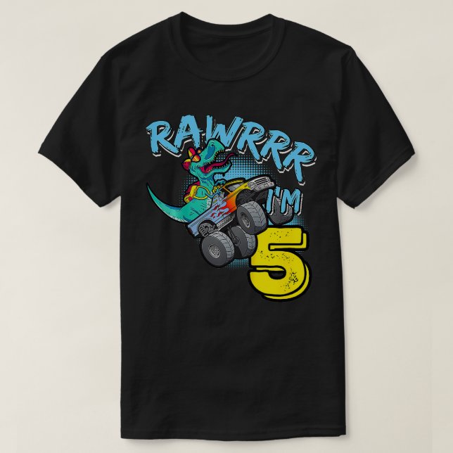 Camiseta Crianças Rawr Im 5 5 Birthday Monster Truck TRex D (Frente do Design)
