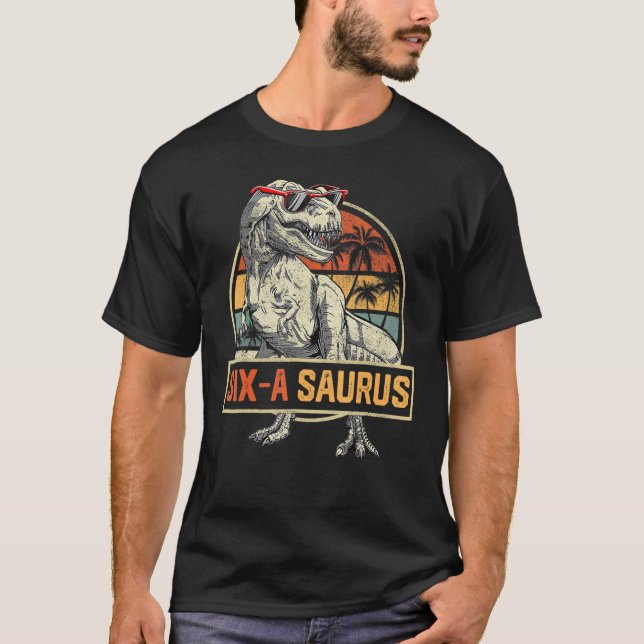 Camiseta Crianças Seis a Saurus Aniversário Rex Dino 6 Dino (Frente)