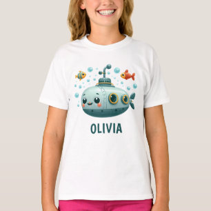 Camiseta Crianças Sorrindo Submarino Fofo com Peixes e Bolh