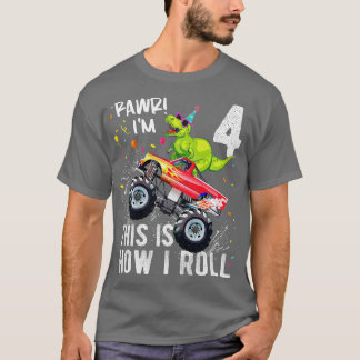 Camiseta Crianças T Rex Dinossaur Monster Truck 4º Aniversá