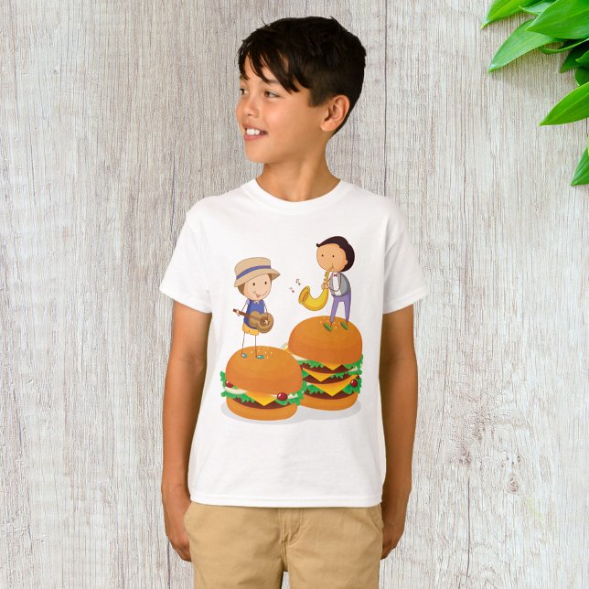 Camiseta Crianças Tocando Música em Cheeseburgers Gigantes (Criador carregado)