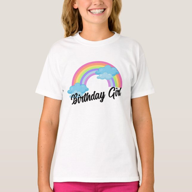 Camiseta Crianças Toddler Tee, Rainbow Birthday Girl Colori (Frente)