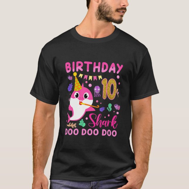 Camiseta Crianças Tubarão-Cute 10º Aniversário Garota 10 An (Frente)
