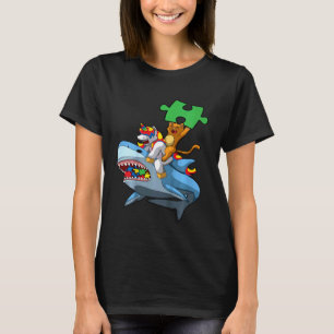 Camiseta Crianças Unicórnio Gato Montando Tubarão Conscient