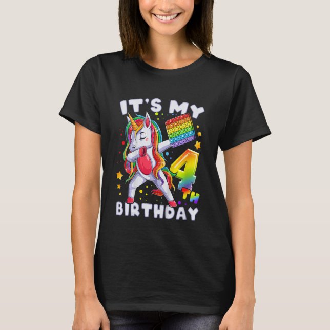 Camiseta Crianças Unicórnio, Rapariga de Aniversário, 4 ano (Frente)