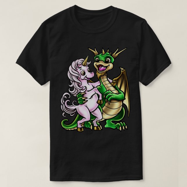 Camiseta Criatura do abraço Dragon e Unicorn Friendship (Frente do Design)