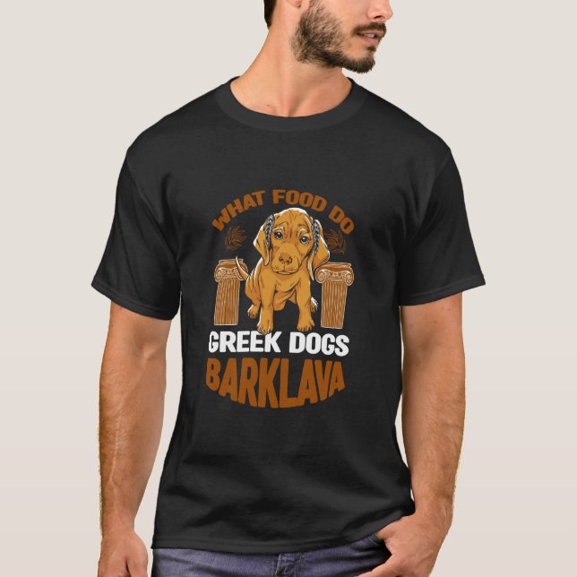 Camiseta Criatura Mítica Comida Grega Cães Barklava Grego M (Frente)
