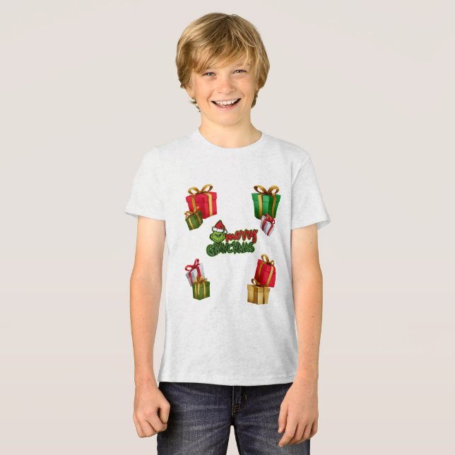 Camiseta Criatura Verde de Natal com Caixas de Presente (Frente Completa)