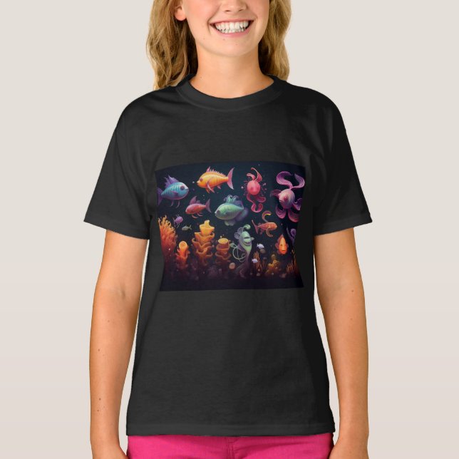 Camiseta Criaturas submarinas coloridas em preto (Frente)