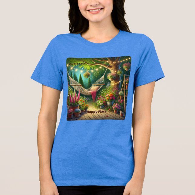 Camiseta Crie seu lugar feliz - Design de jardim tranquilo (Frente)