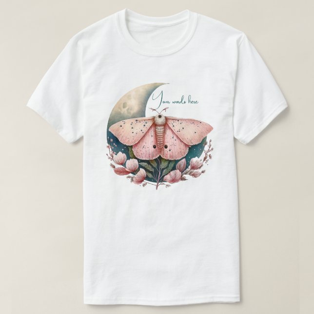 Camiseta Crie Sua Própria Mariposa Lua Rosa e Flores (Frente do Design)