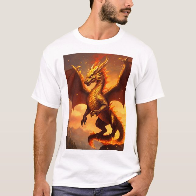 Camiseta Crie um dragão de ouro e fogo fofo e fofo (Frente)