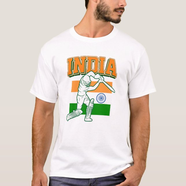 Camiseta Críquete da Índia com Presente de Bandeira da Índi (Frente)