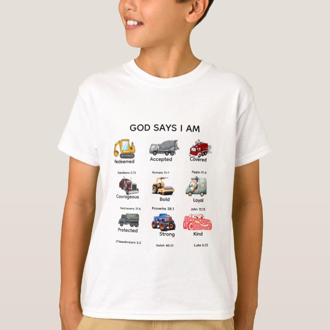Camiseta Cristã Infantil de Caminhões de Construçã (Frente)