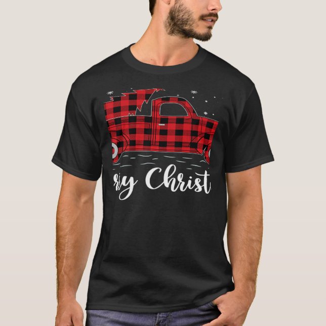 Camiseta Cristo de Feliz de Caminhão Vermelho Xadrez  Verme (Frente)