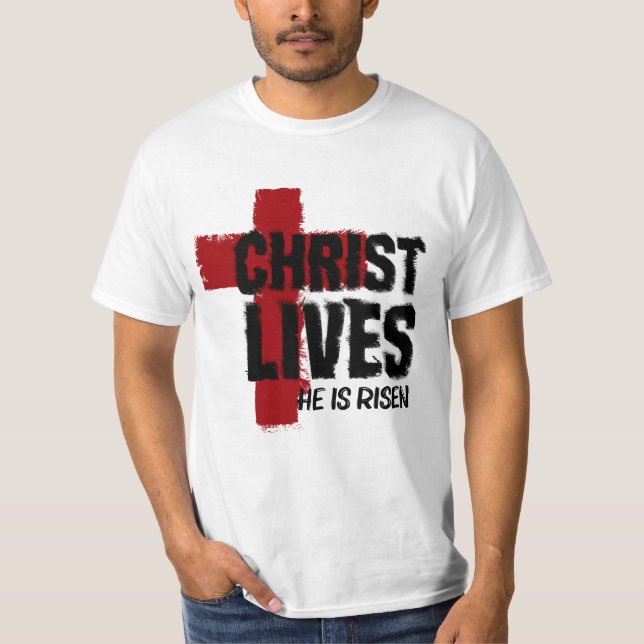 Camiseta CRISTO VIVE Ele é Risen Christian Cross Páscoa (Frente)