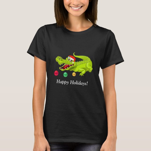 Camiseta Crocodilo de Natal Fofo. Bolas Verdes, Douradas e  (Frente)