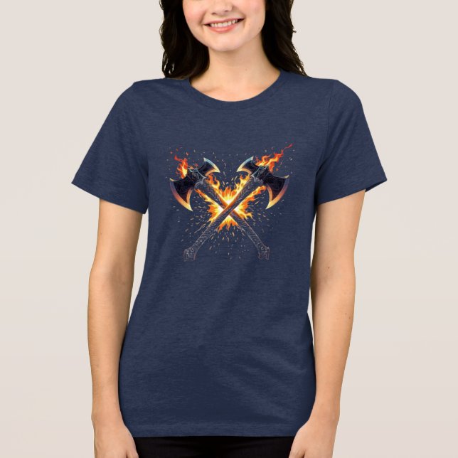 Camiseta Crossed Fantasy Axes with Fiery Energy – Powerful  (Frente)