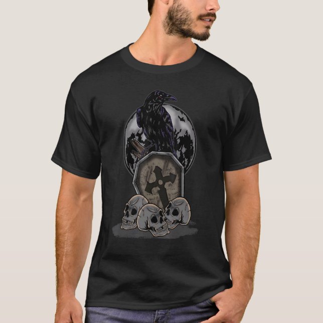 Camiseta Crow Moon Coffin Halloween Skull Spooken Raven (Frente)