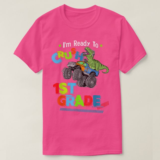 Camiseta Crush 1st Grade Dinosaur Monster Truck Back To Sch (Frente do Design)