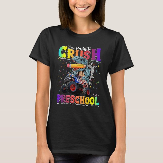 Camiseta Crush Preschool Dinosaur Monster Truck Back to Sch (Frente)