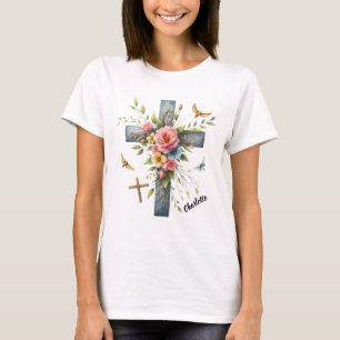 Camiseta Cruz Cristã Cercada Delicada Flor Primavera