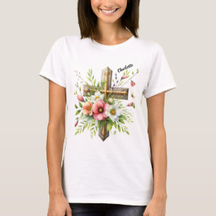 Camiseta Cruz Cristã Realçada por um Halo Floral de Primave