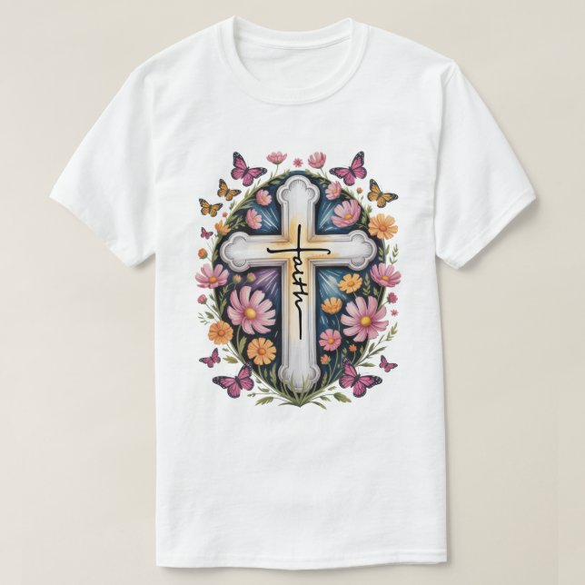 Camiseta Cruz da Fé Floral  (Frente do Design)